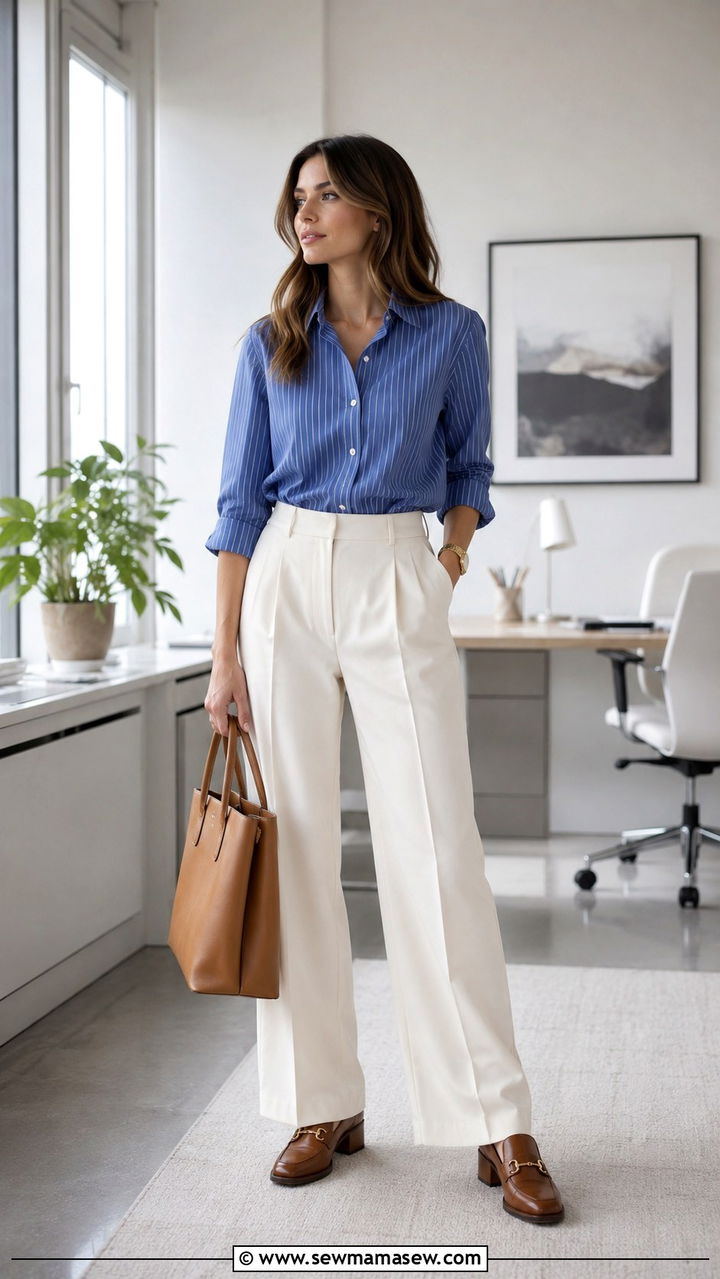 Pinstripe Button Down with Cream Wide Leg Trousers - 25 Wide leg trousers outfit ideas with a button down