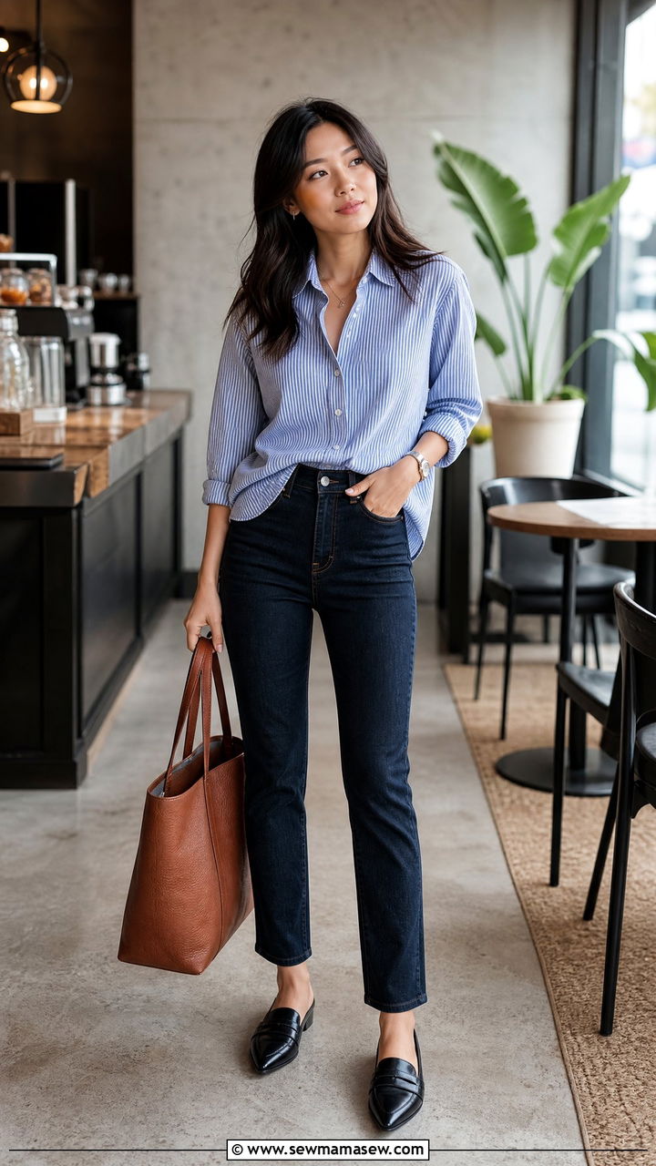 Pinstripe Button Down with Dark Wash Jeans Outfit - 25 Petite outfit ideas under 5'4