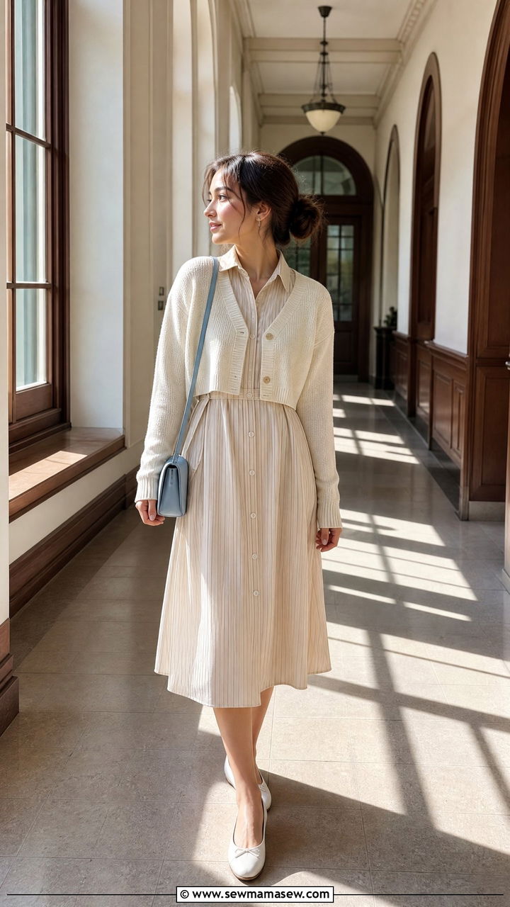 Pinstripe Dress And Cropped Cardigan Outfit - 25 light academia outfits 2026