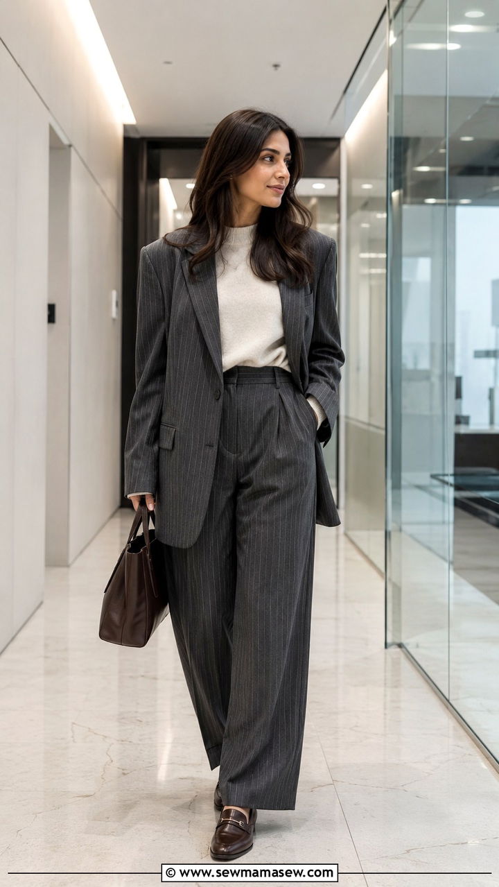Pinstripe Oversized Blazer With Matching Trousers And Cream Sweater - 30 Oversized blazer outfit ideas with loafers