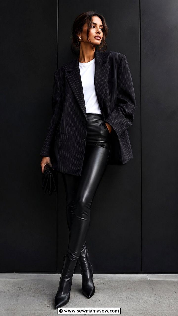 Pinstripe Oversized Blazer With White T Shirt and Leather Leggings - 30 Oversized blazer outfit ideas with a t-shirt
