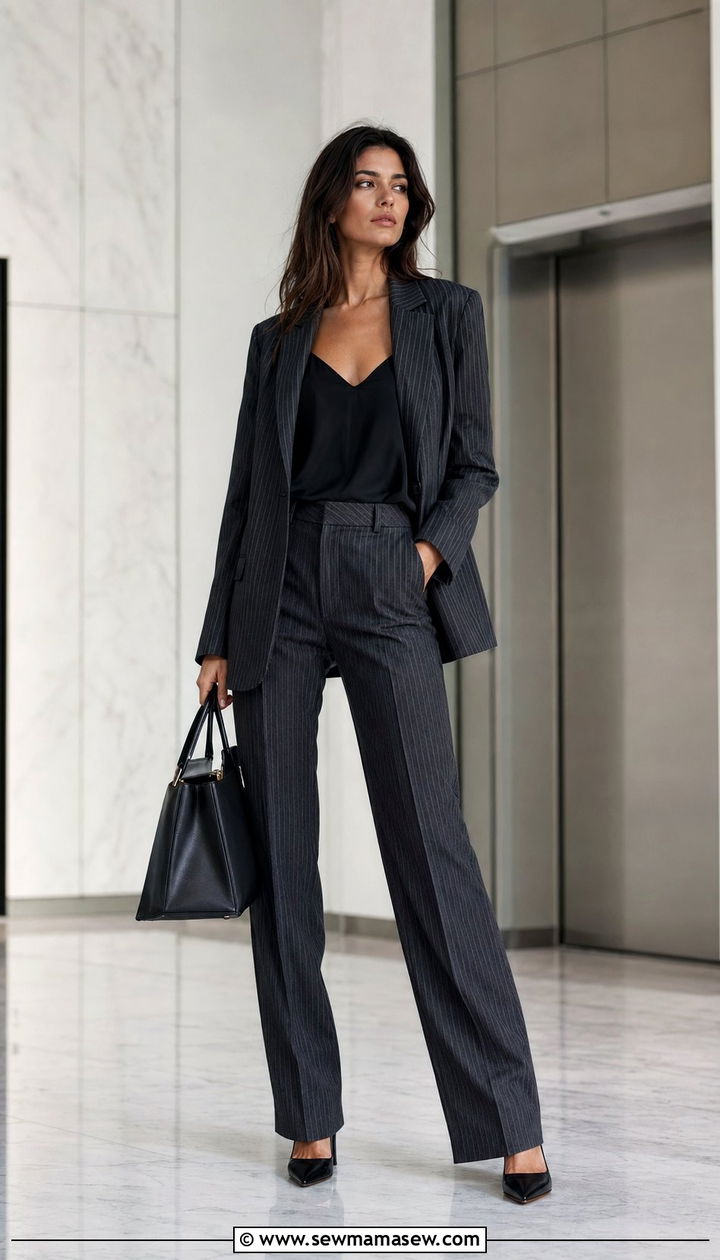 Pinstripe Pantsuit With Pointed Toe Heels and Structured Bag - 35 90s capsule wardrobe outfits