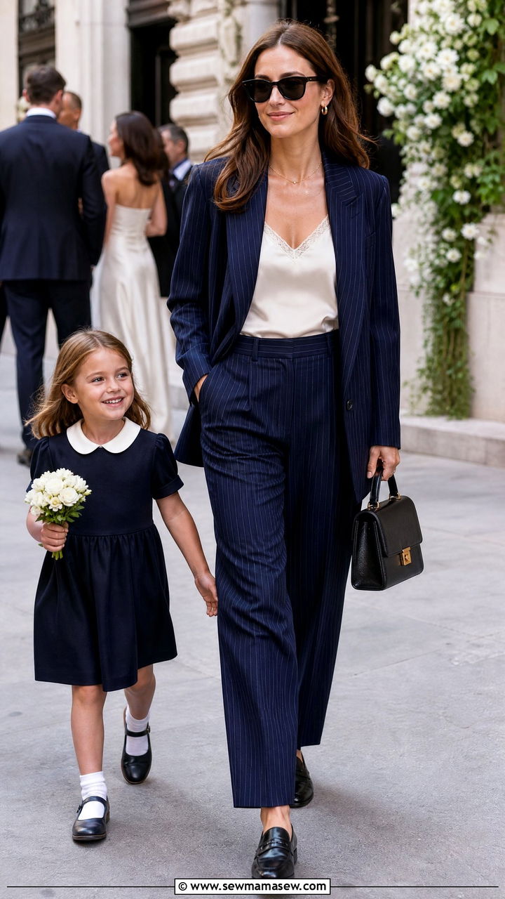 Pinstripe Pantsuit With Silk Camisole And Loafers - 25 Wedding guest outfit ideas with kids in tow