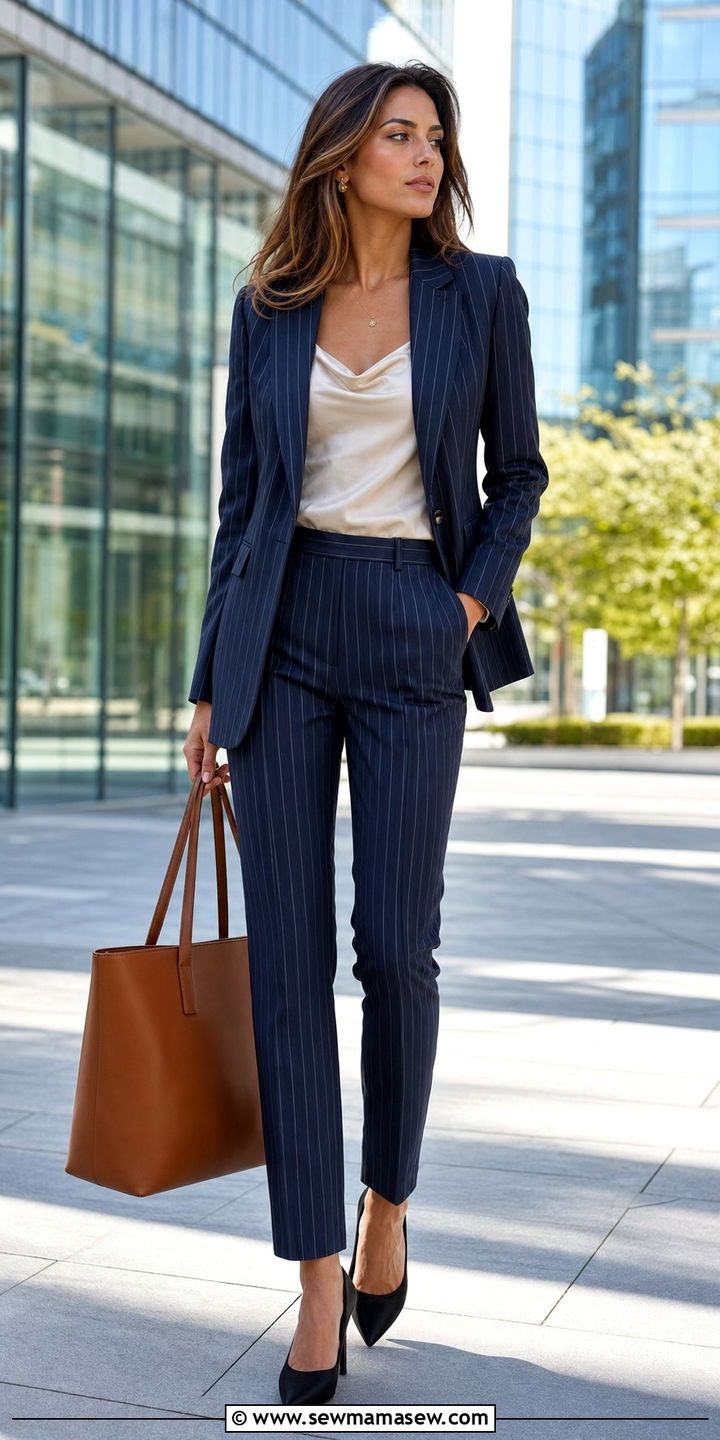 Pinstripe Power Suit With Silk Camisole Work Outfit - 25 Stealth wealth outfit ideas for work