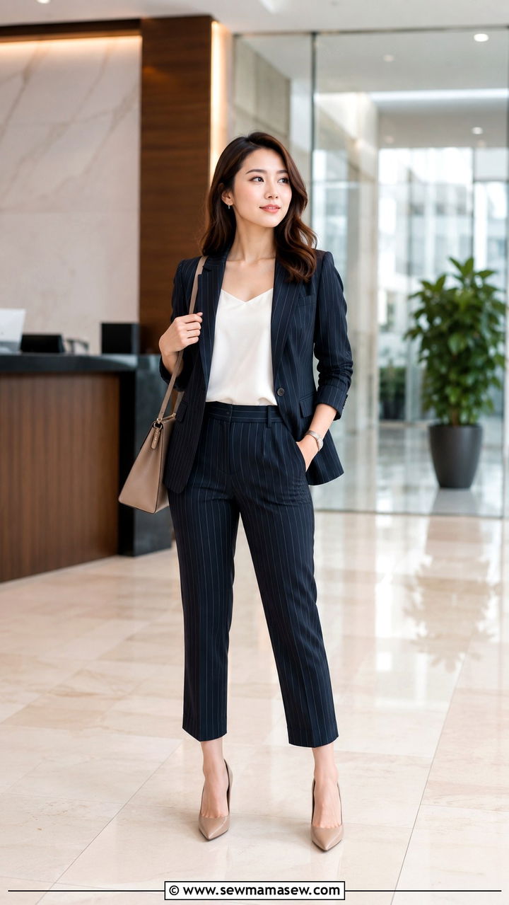 Pinstripe Suit With Cropped Trouser Hem - 30 Petite outfit ideas to create a longer silhouette