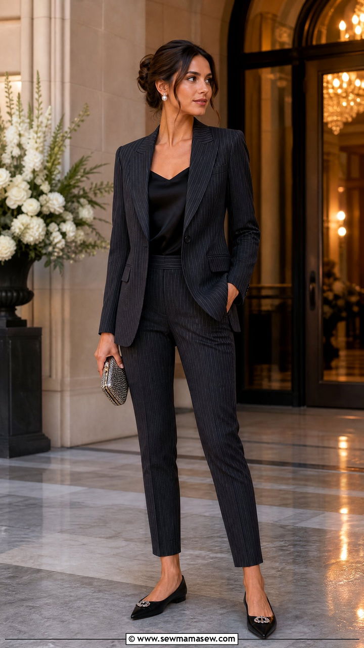 Pinstripe Suit With Pointed Toe Flats For Gala Event Planners - 30 Event planner outfit ideas