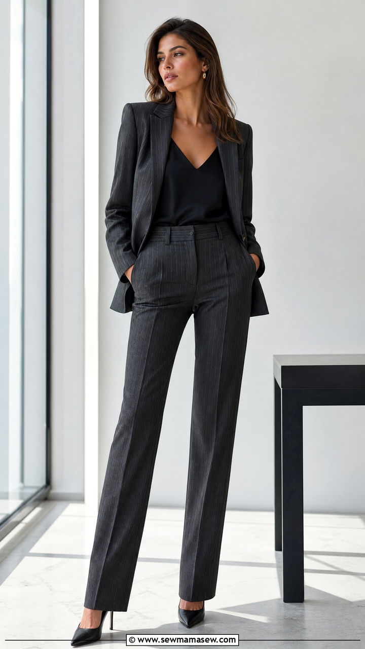 Pinstripe Suit With Pointed Toe Stilettos - 25 Outfit ideas to elongate legs