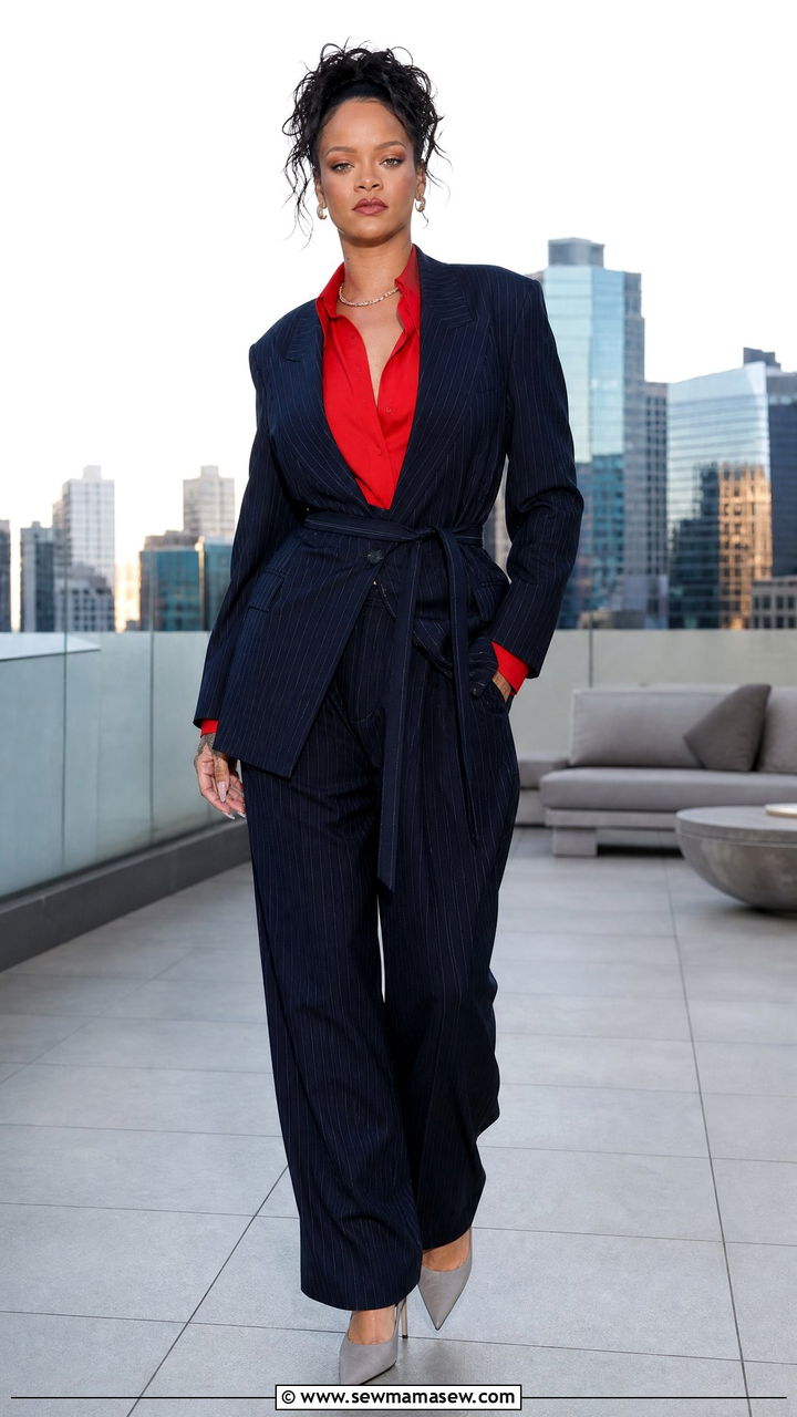 Pinstripe Suit With Red Button Up Shirt and Gray Stilettos - 25 Rihanna spring outfit ideas