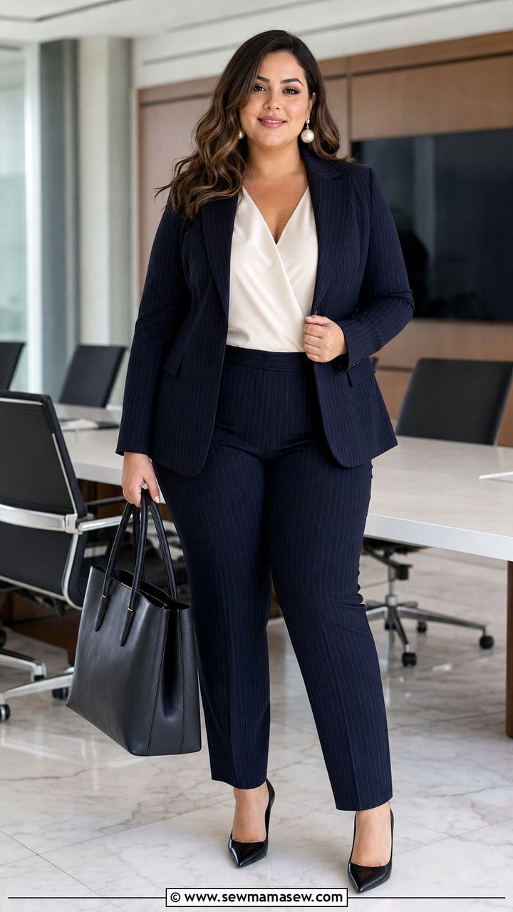 Pinstripe Suit with Ivory Blouse - 35 Business casual outfits plus size