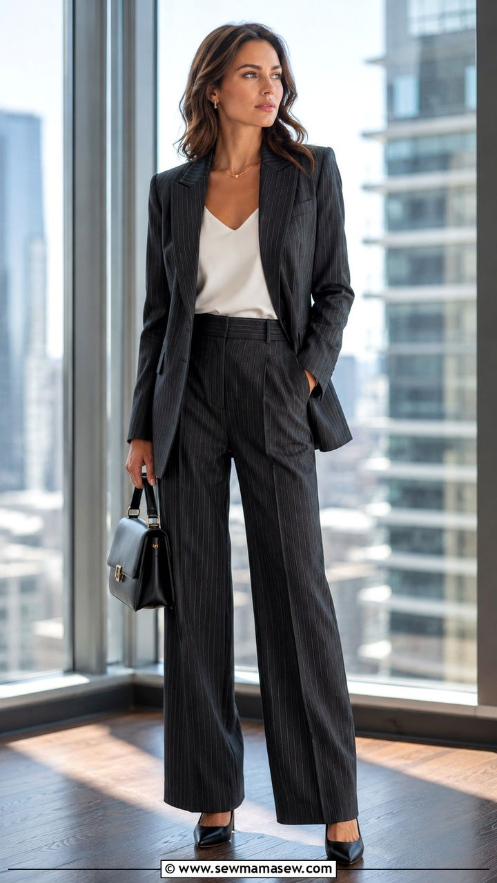 Pinstripe Suit with Minimal Gold Jewelry - 20 Quiet luxury outfit ideas Succession Shiv