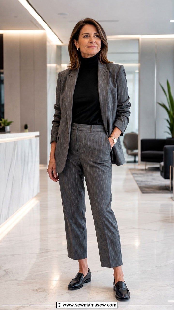 Pinstripe Suit with Relaxed Fit Blazer and Loafers - 30 office outfits for women over 40