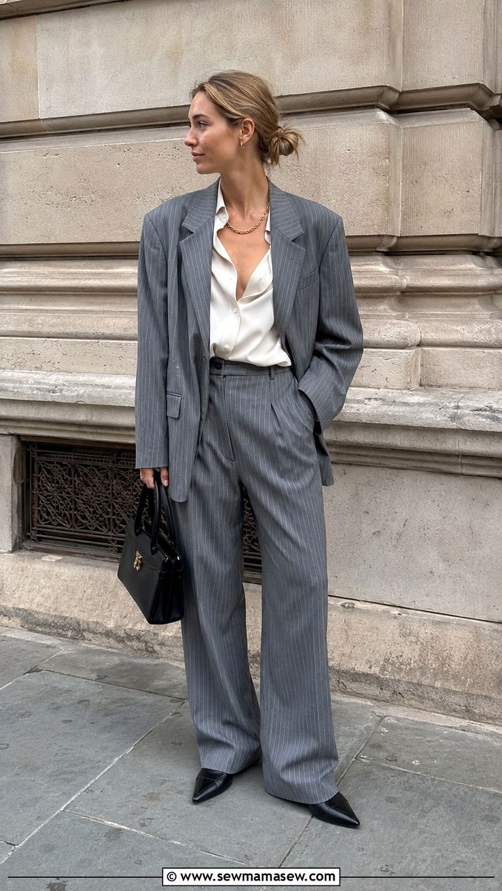Pinstripe Suit with Silk Shirt - 25 Parisian outfit ideas in April