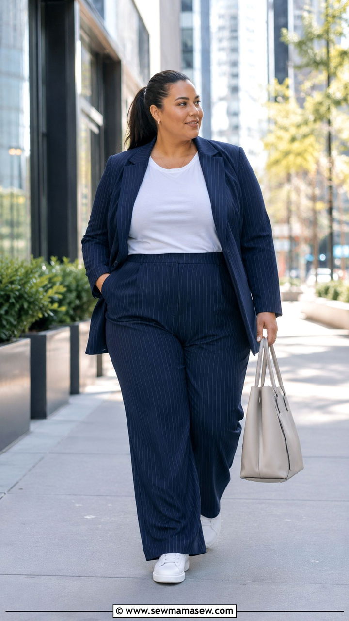 Pinstripe Suit with Sneakers - 30 Plus size business casual outfit ideas