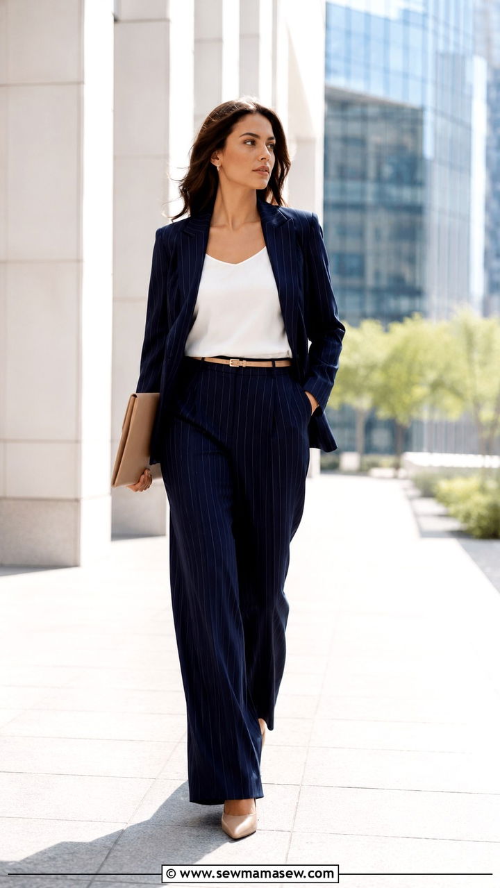 Pinstripe Tailored Suit with Relaxed Wide Leg Pants - 25 work outfits for short torso women