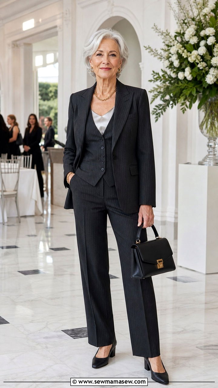 Pinstripe Three Piece Suit with Soft Tailoring - 20 70 year old woman outfit ideas