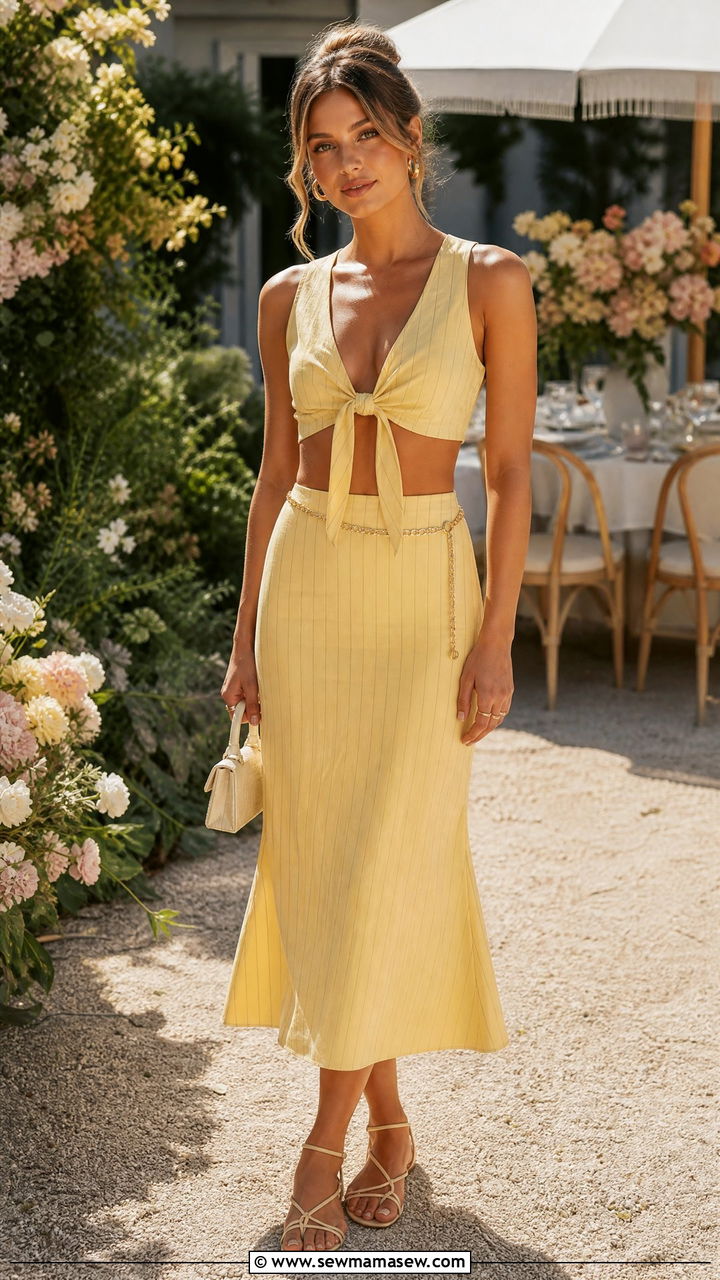 Pinstripe Tie Front Crop Top And Midi Skirt - 25 Matching set outfit ideas pinstripe