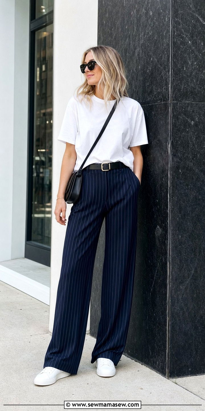 Pinstripe Trousers And White Sneakers - 25 spring trousers outfit ideas