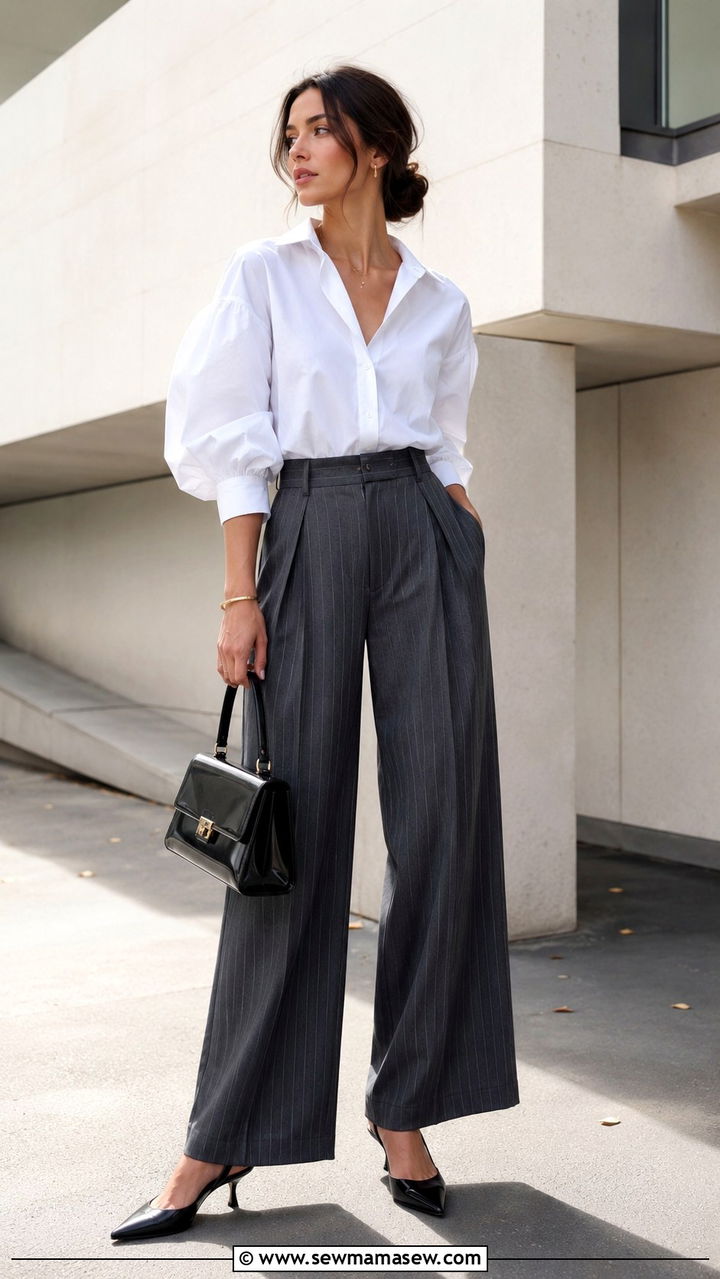 Pinstripe Trousers With A White Voluminous Blouse And Slingbacks - 30 Parisian capsule wardrobe 2026