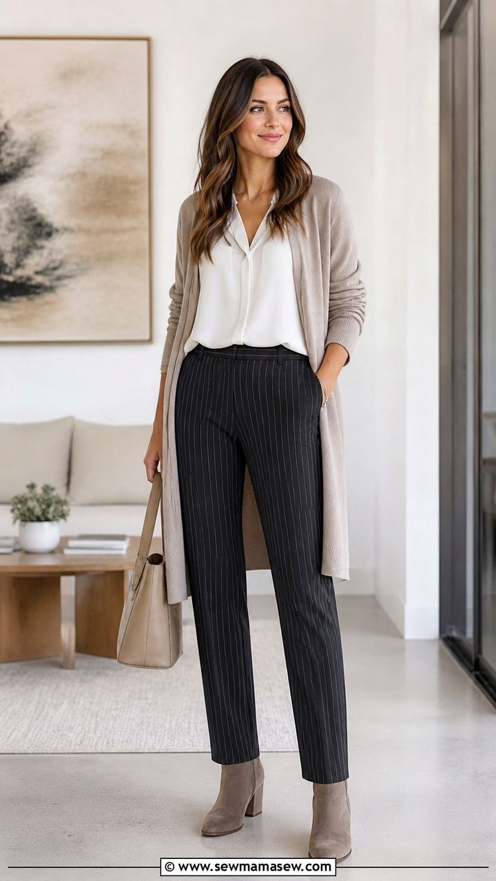 Pinstripe Trousers With Relaxed Blouse - 20 45 year old woman outfit ideas