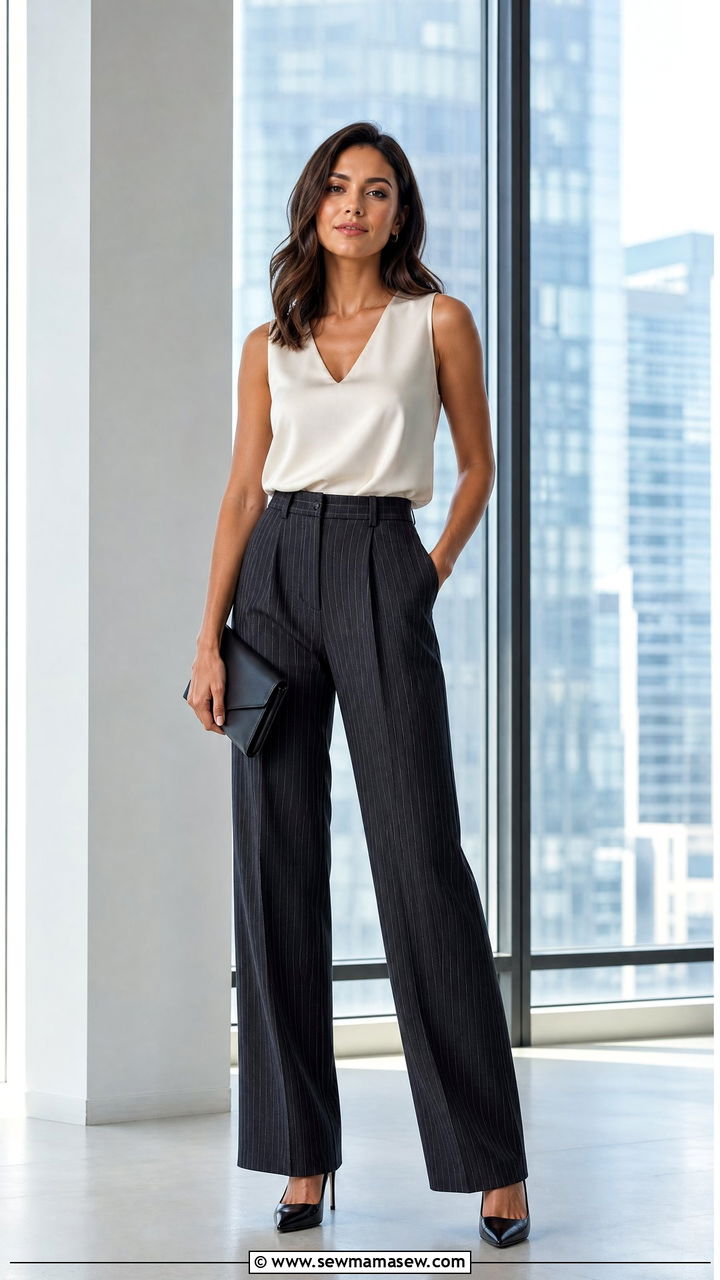 Pinstripe Trousers With Silk Shell Top And Pointed Pumps - 30 classy trendy outfits