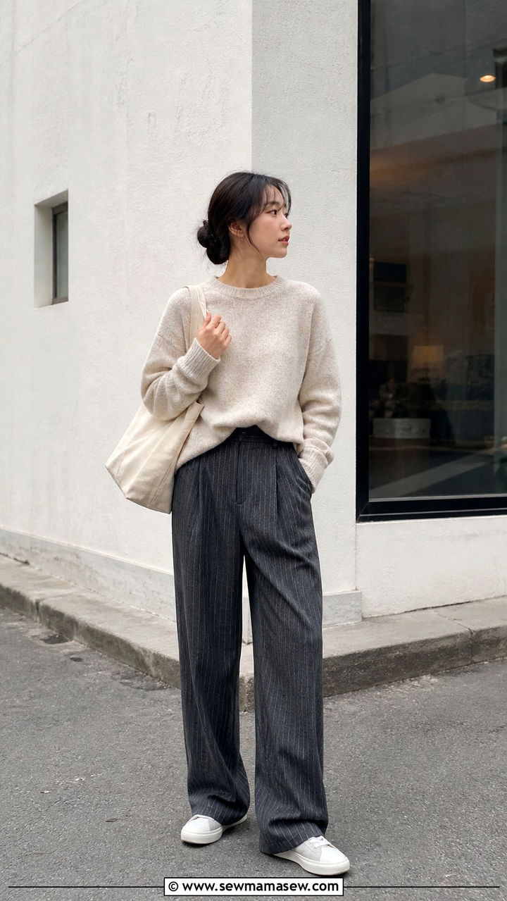 Pinstripe Trousers With Slouchy Sweater Seoul - 40 Seoul outfit ideas