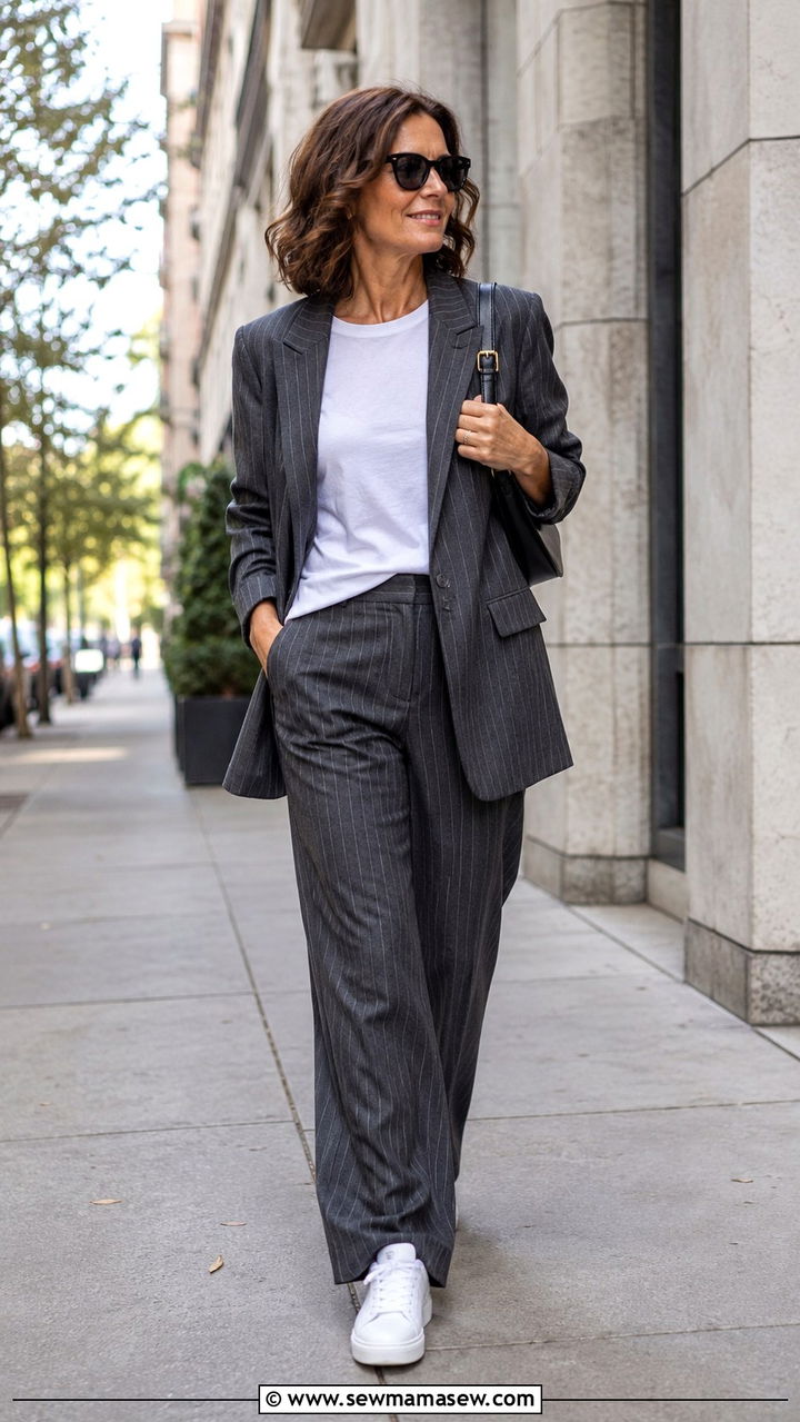 Pinstripe Trousers With White Tee And Blazer - 25 trousers outfits for women over 40