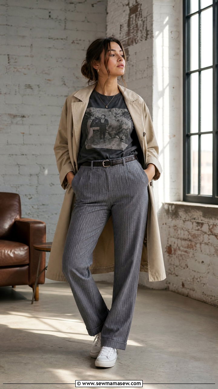 Pinstripe Trousers and Graphic Tee with Sneakers - 25 classy edgy outfit ideas