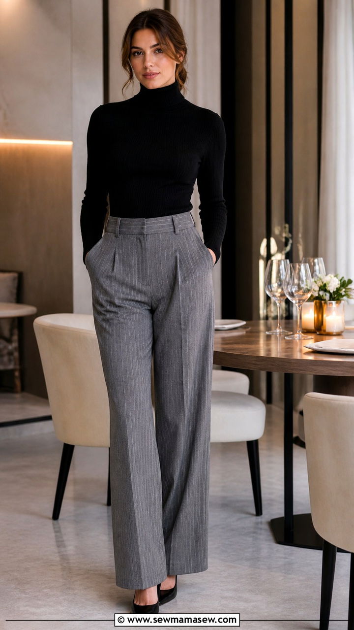 Pinstripe Trousers with Fitted Sweater - 40 classy dinner outfit ideas
