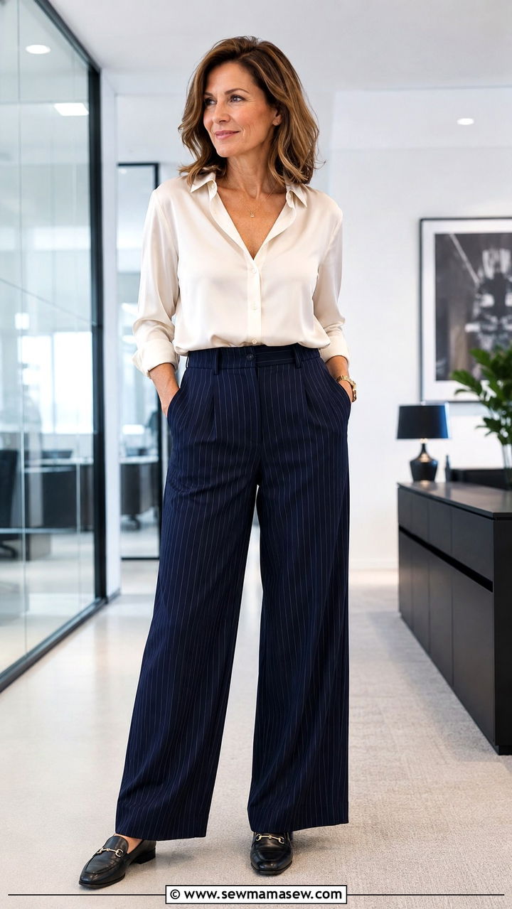 Pinstripe Trousers with a Soft Blouse and Loafers - 25 Midlife outfit ideas
