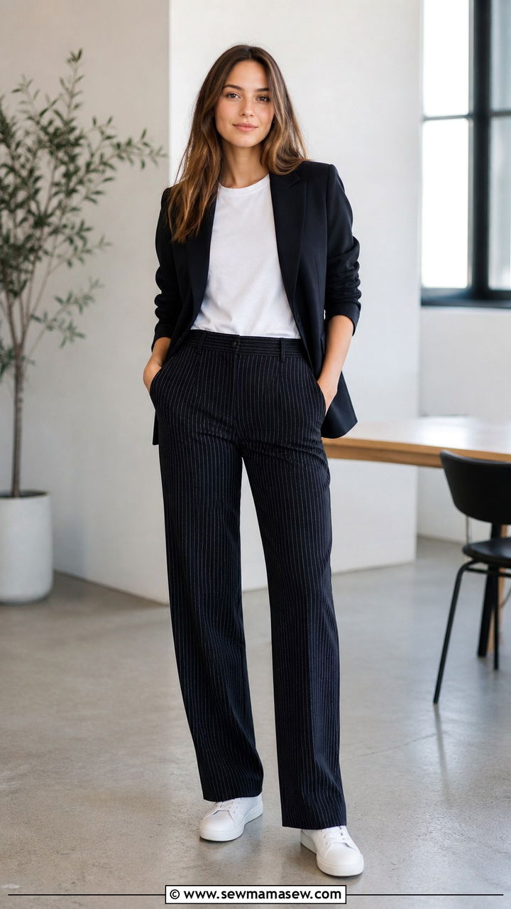 Pinstripe Trousers with a Solid Blazer and White Tee - 40 Job interview outfit ideas