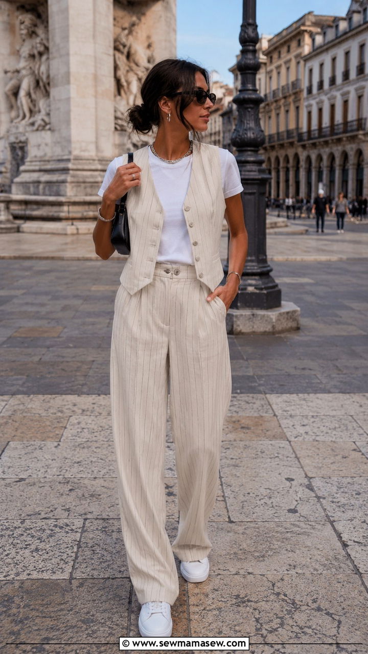 Pinstripe Vest Matching Trousers Sneakers - 30 model off duty capsule wardrobe outfits