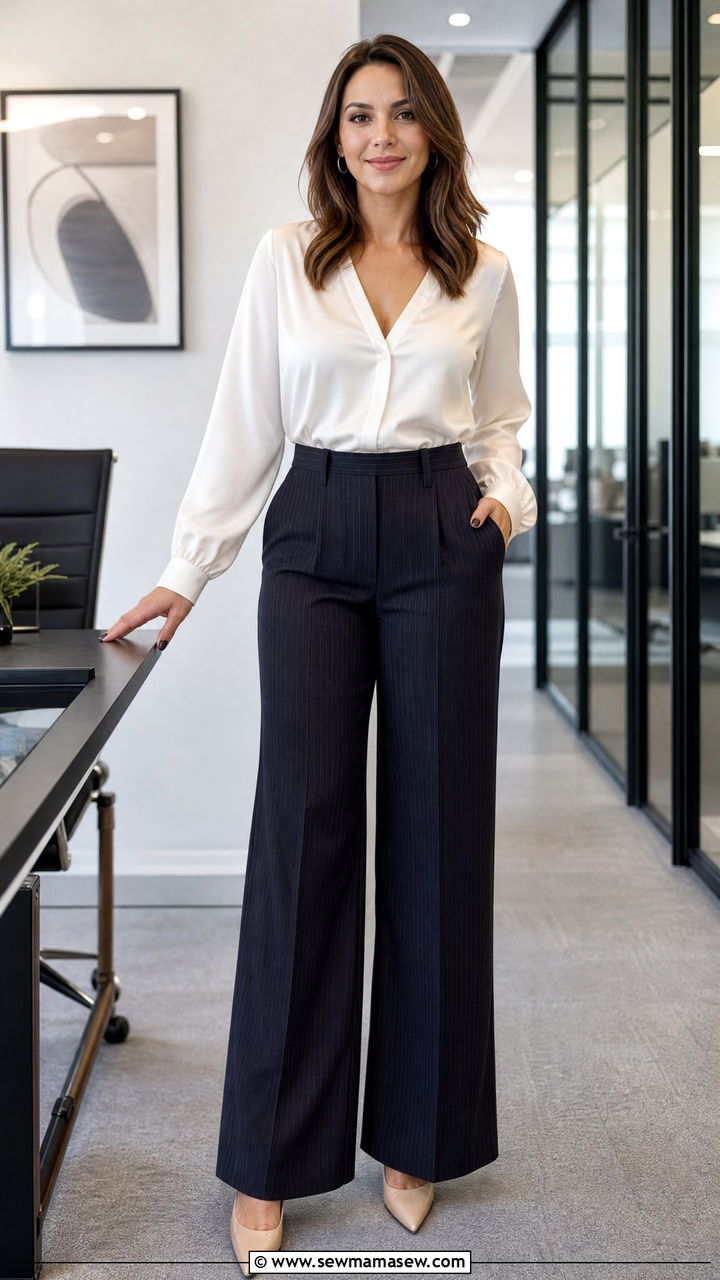 Pinstripe Wide Leg Trousers With Silk Blouse - 25 Petite outfit ideas with apple shape