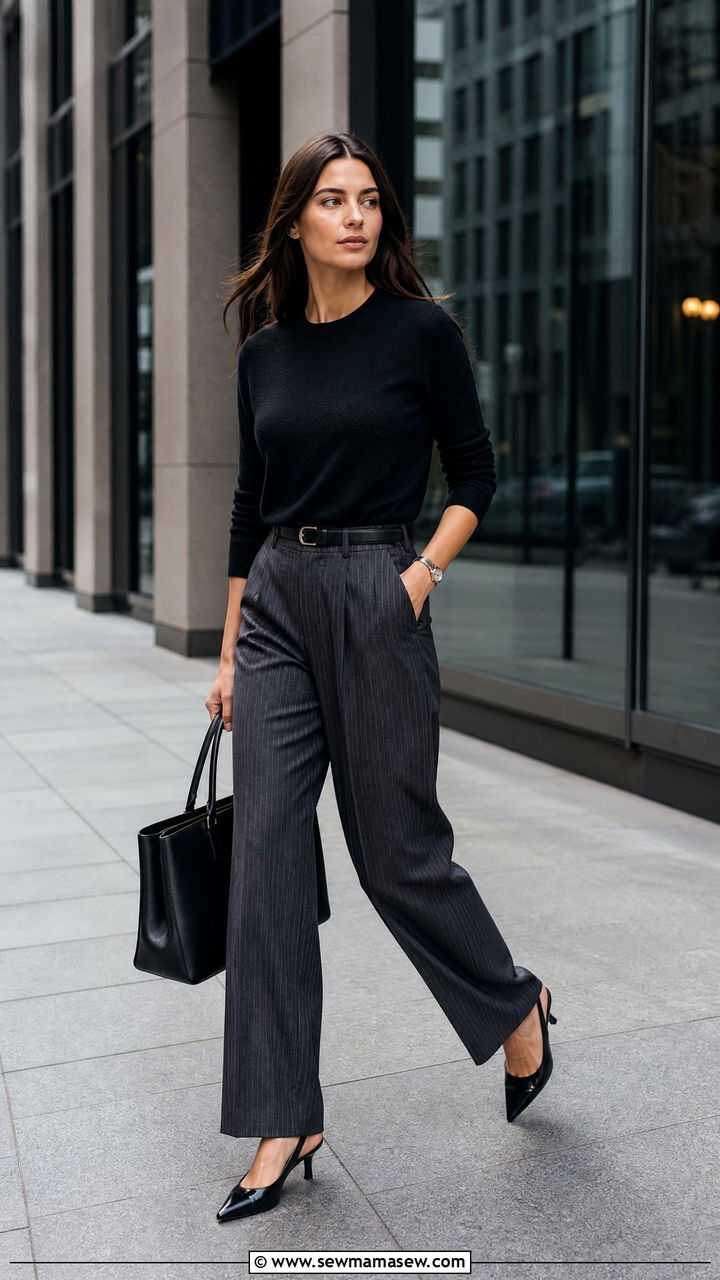 Pinstripe Wide Leg Trousers With a Black Cashmere Sweater - 30 Formal office outfit ideas