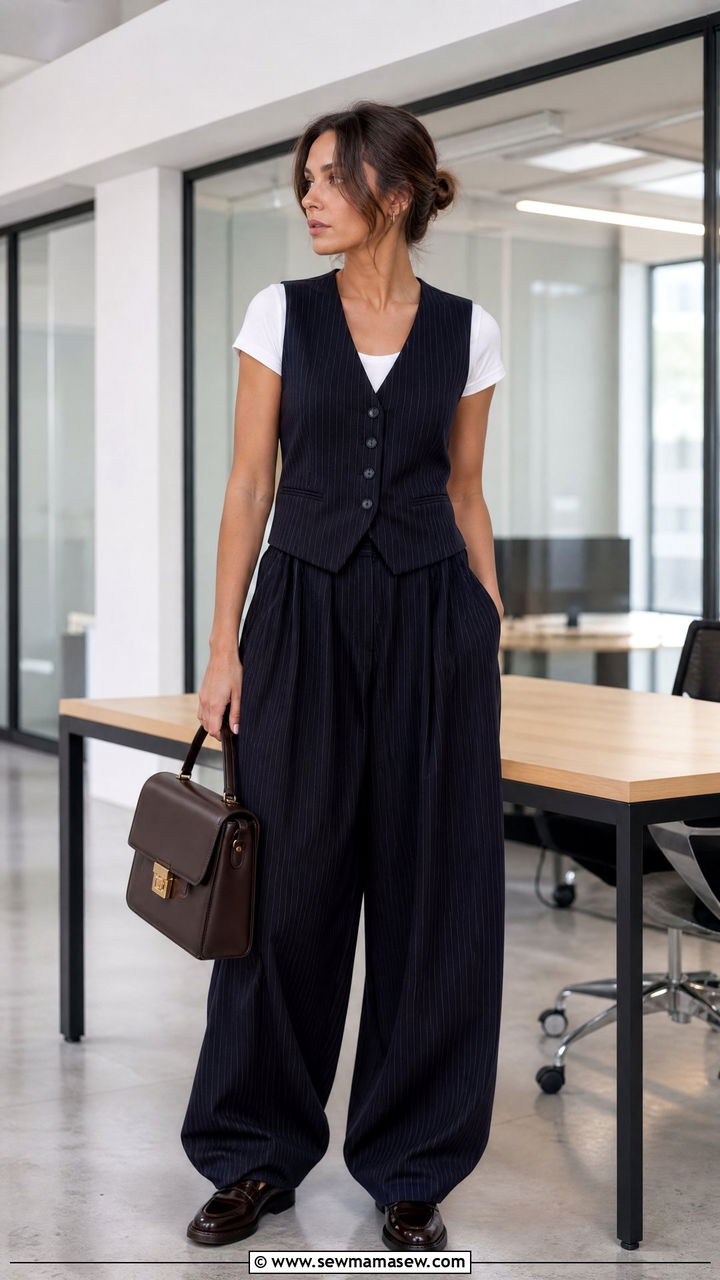 Pinstripe balloon trousers with a tailored vest and loafers - 25 how to style balloon pants outfits