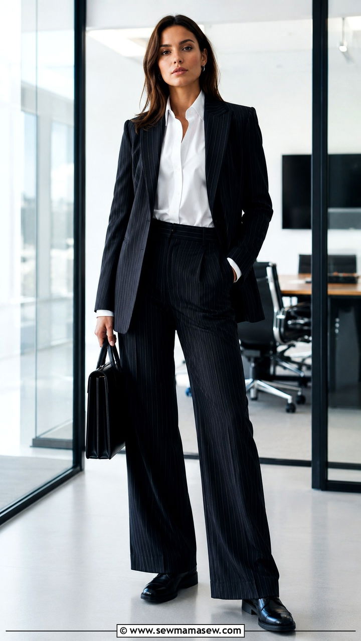 Pinstripe blazer and matching wide leg pants with a white poplin shirt - 25 Wide leg black pants outfit ideas with a blazer