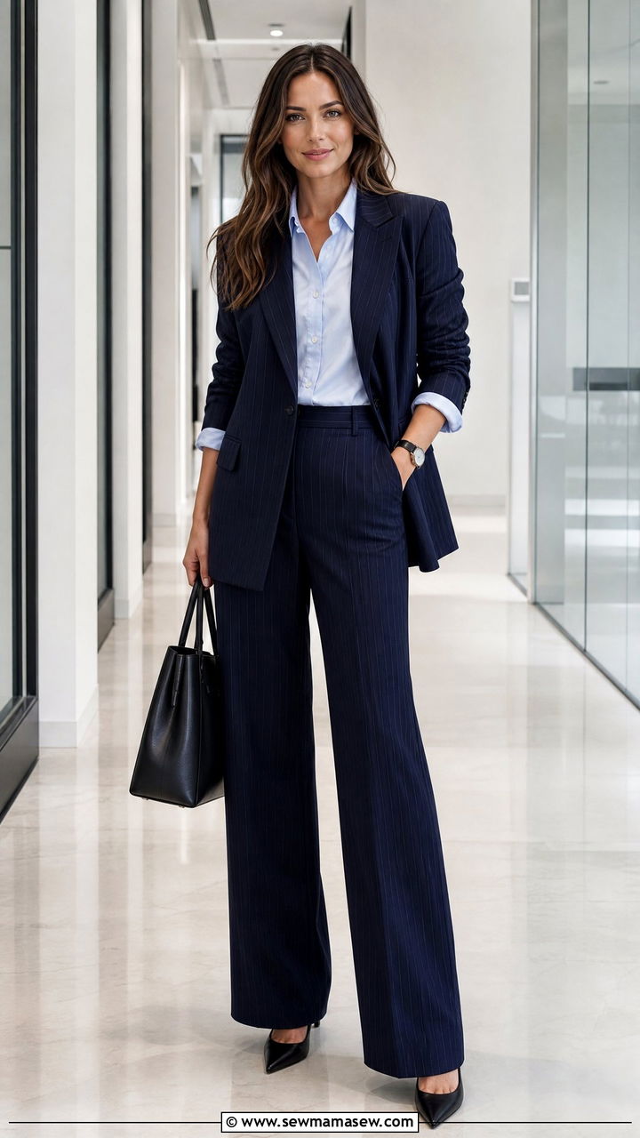 Pinstripe blazer and trouser matching set for work - 30 Matching set outfit ideas for office