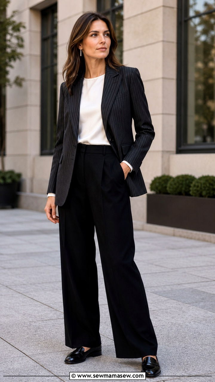 Pinstripe blazer white shell and black trousers - 25 Virtual presentation outfit ideas