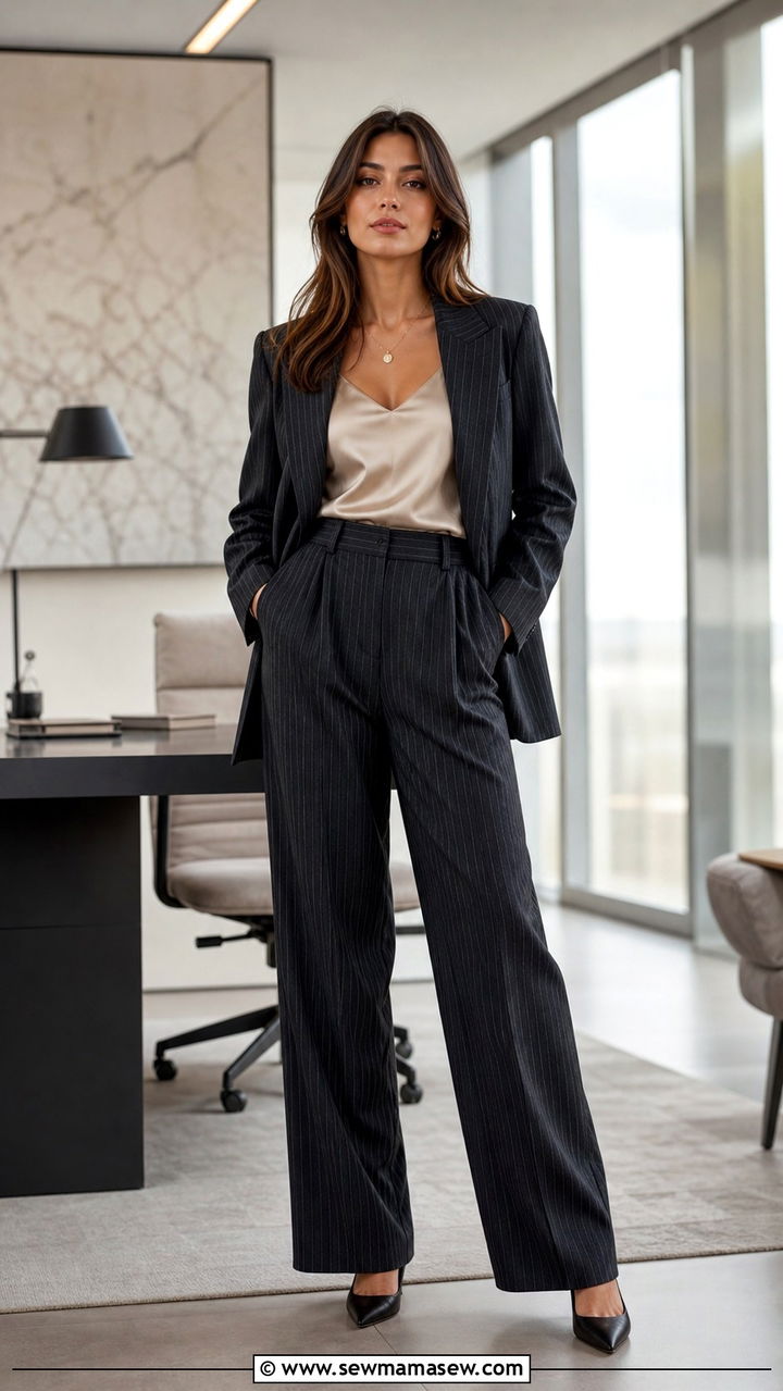Pinstripe blazer with matching trousers and a silk camisole - 40 blazer outfits for women