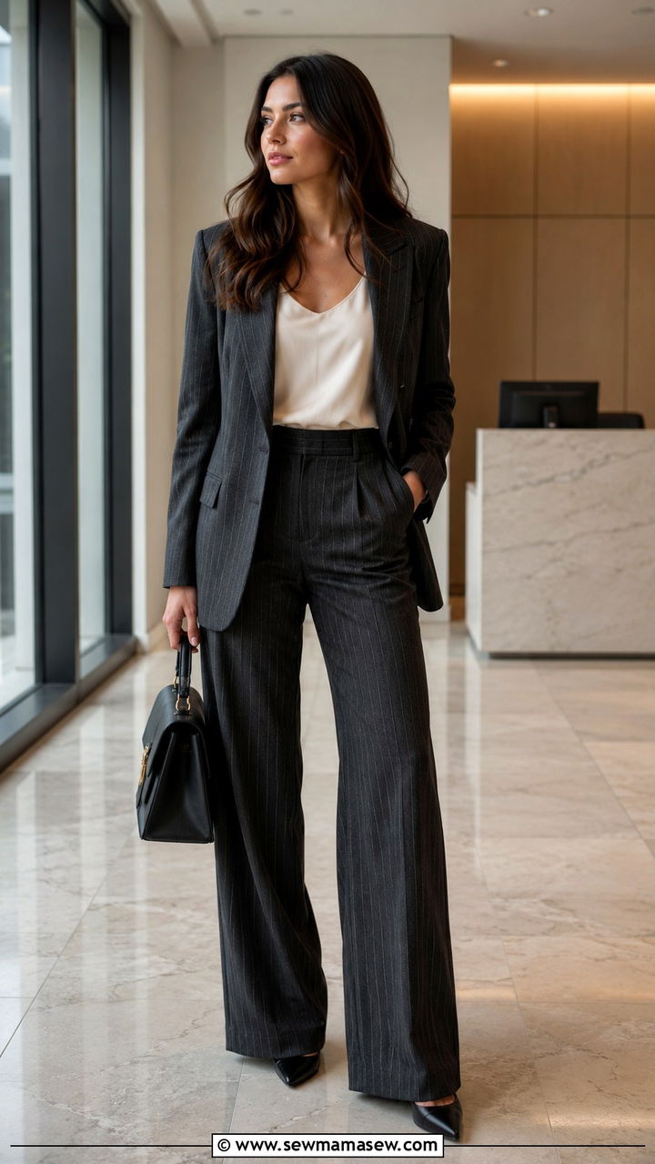 Pinstripe blazer with wide leg trousers outfit - 30 Law firm outfit ideas