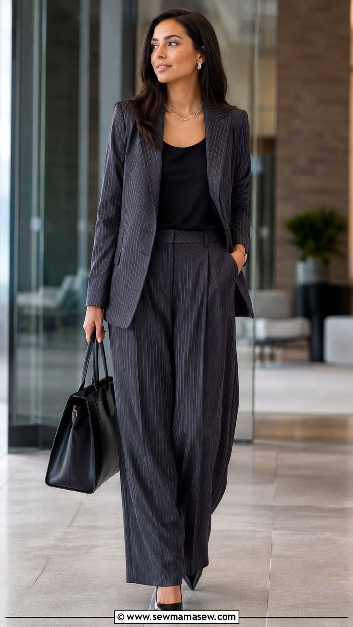 Pinstripe blazer with wide leg trousers - 30 business casual outfits inspo