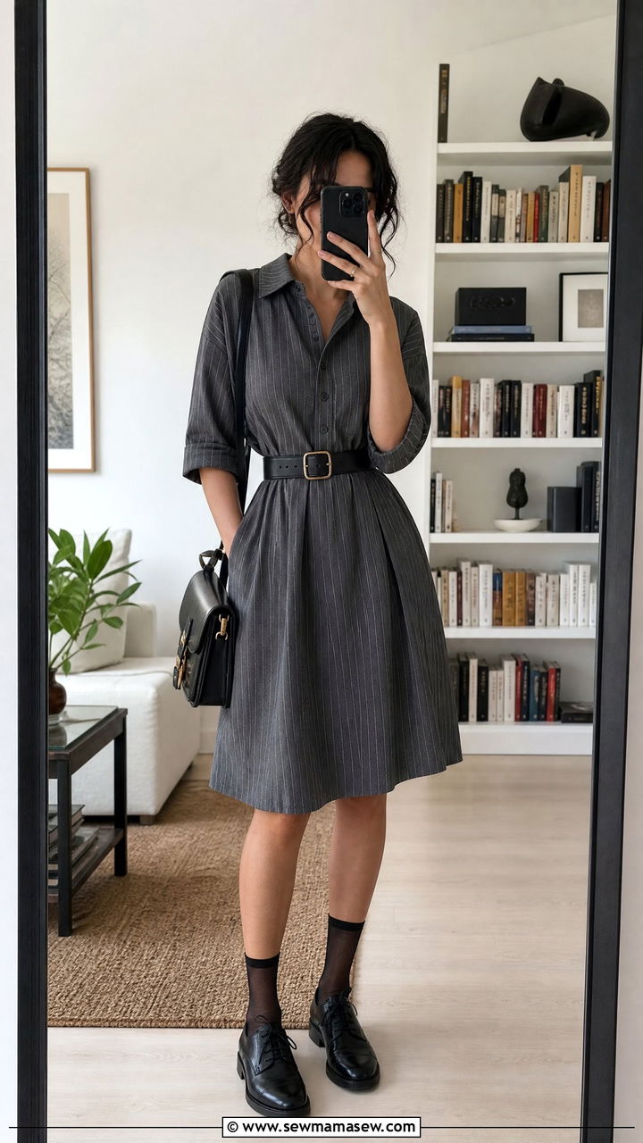 Pinstripe dress with leather belt dark academia outfit - 30 Dark academia summer outfits