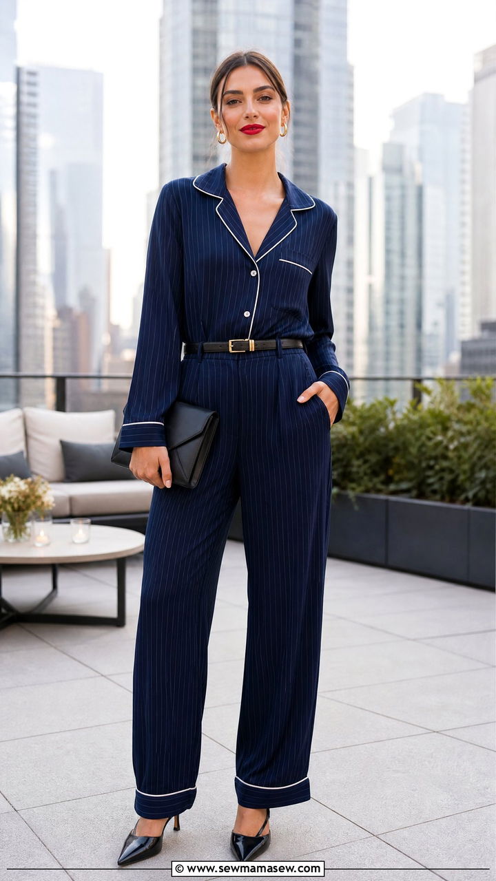 Pinstripe pajama set with kitten heels - 30 Summer pajama outfit ideas