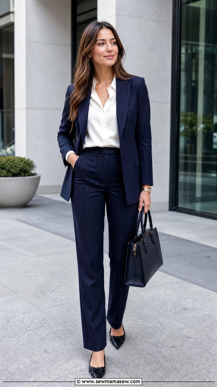 Pinstripe pantsuit with pointed flats - 35 Job interview outfits for women