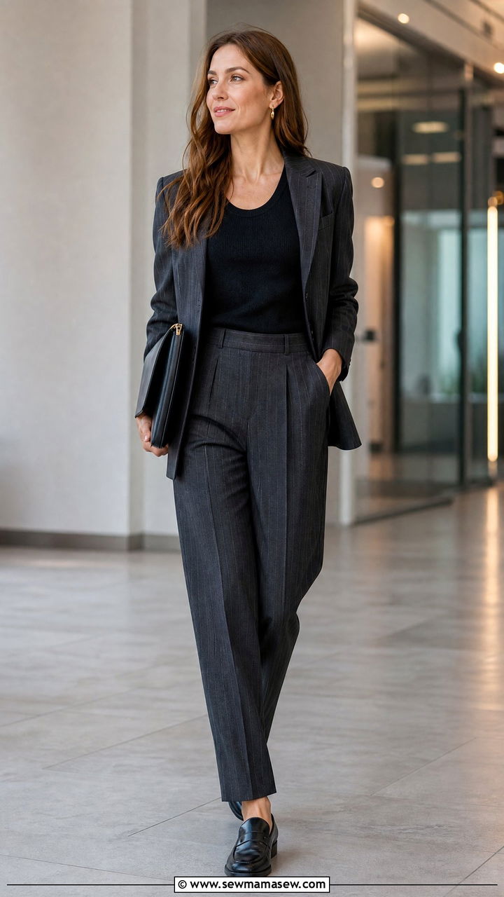 Pinstripe suit and sleeveless knit top with loafers - 35 Marketing conference outfit ideas
