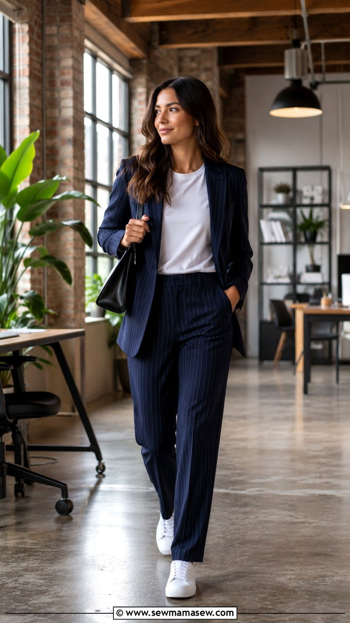 Pinstripe suit with white tee and clean sneakers - 30 Internship outfit ideas for women