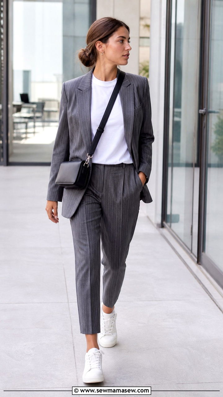 Pinstripe suit with white tee - 40 classy office outfits