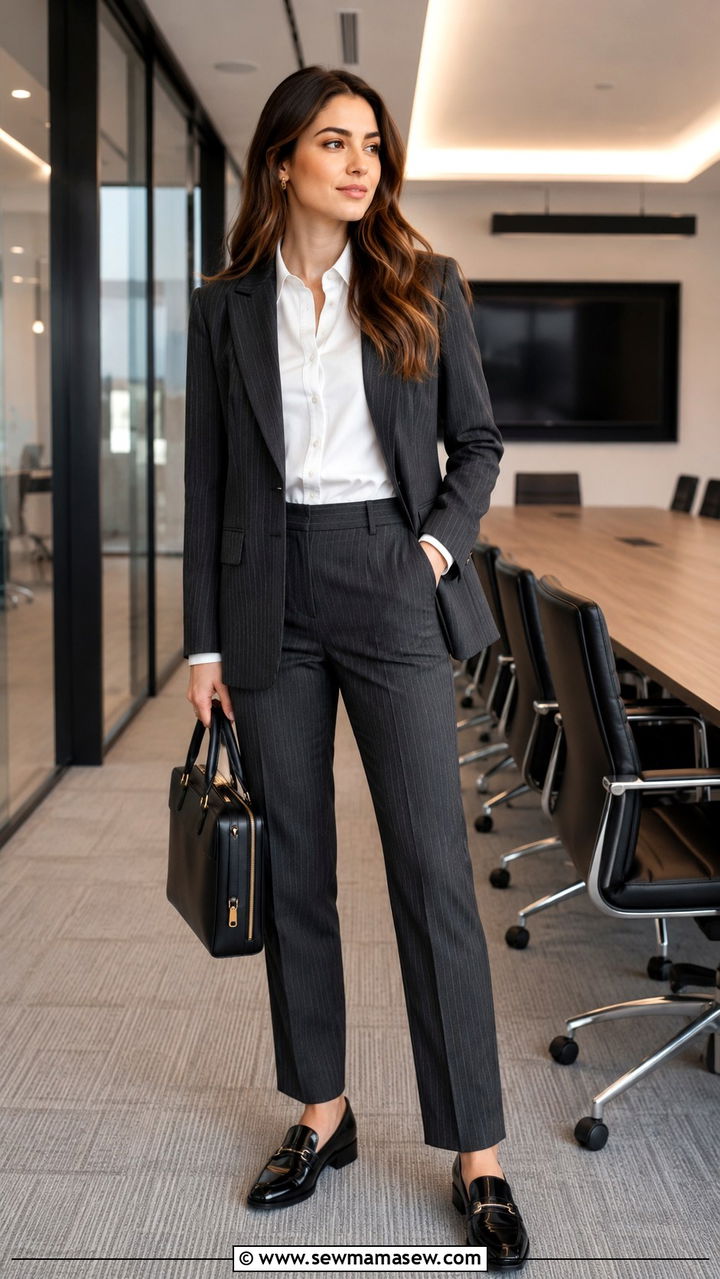 Pinstripe trouser suit with crisp white shirt and leather loafers - 30 Business travel capsule wardrobe