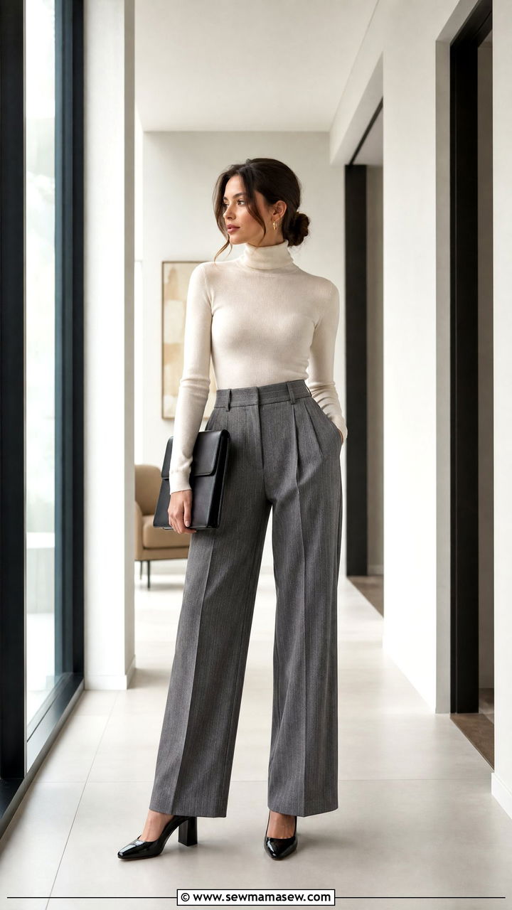 Pinstripe trousers and block heel pumps look - 25 librarian core outfits 2026