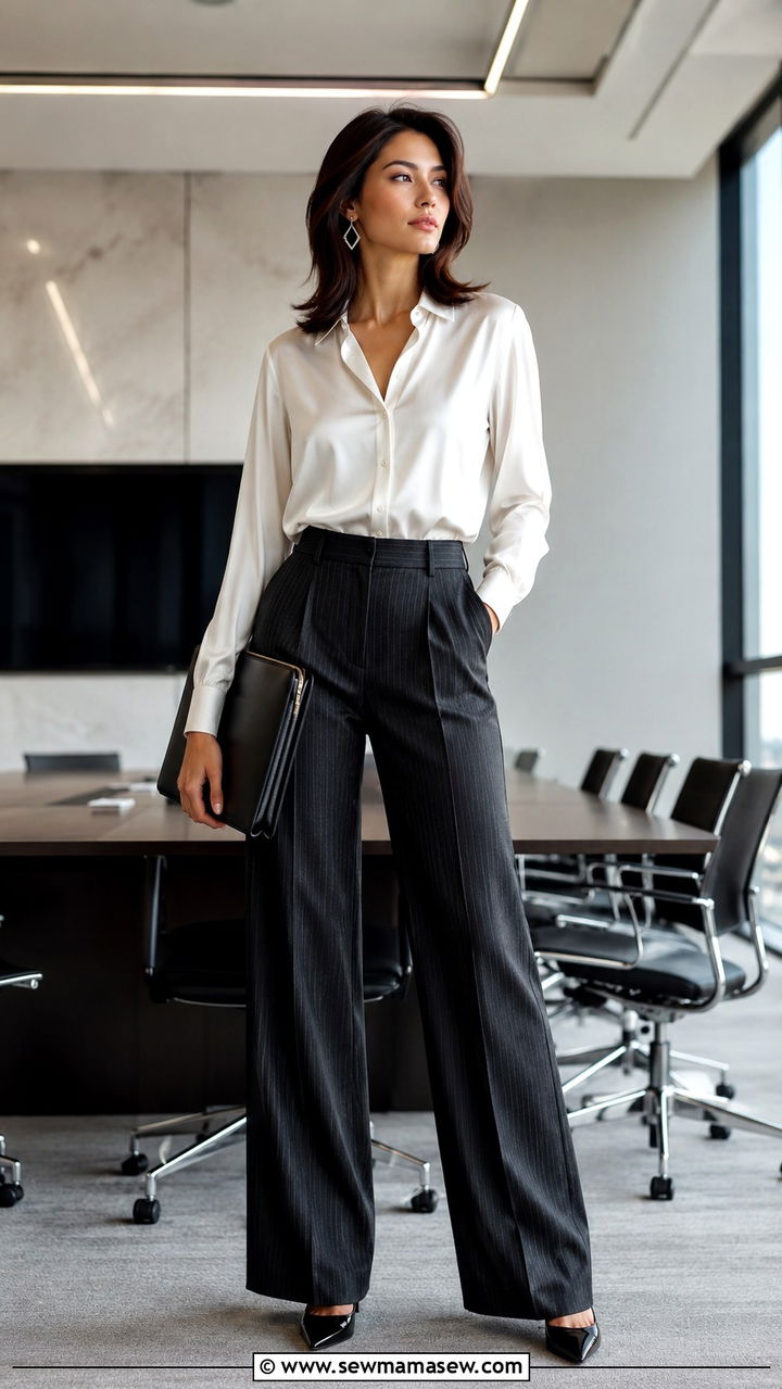 Pinstripe trousers and white blouse - 30 classy outfits inspo