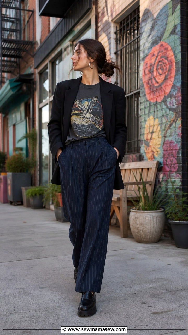 Pinstripe trousers with a graphic t shirt and blazer - 40 What to wear in Sydney